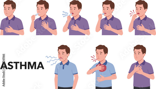 Cartoon Illustration Asthma Symptoms Including Wheezing, Shortness of Breath, Chest Pain, Coughing, and Use of Inhaler
