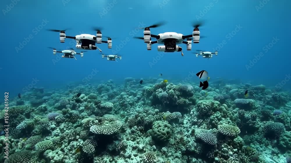 Underwater scene with flying drones above coral reef and colorful tropical fish