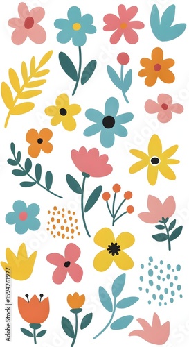 seamless background with flowers and butterflies, Collection of spring colorful flower elements vector. Set floral of wildflower, leaf branch, foliage on white background. Hand drawn blossom illustrat
