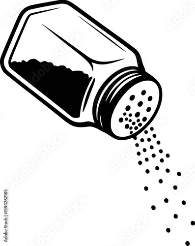 Black and white illustration of a salt shaker dispensing seasoning vector