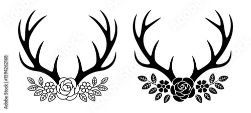 Black Antlers adorned with Flowers and Leaves deer horns