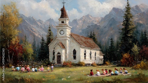 Serene Mountain Church Surrounded by Vibrant Nature and Children Playing