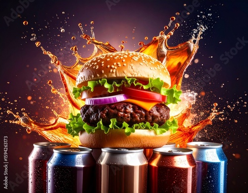 A dynamic and eye-catching visual of an oversized burger smashing into stacked cola cans, resulting in a vibrant explosion of colorful liquids flying in every direction. This surreal food scene is des
