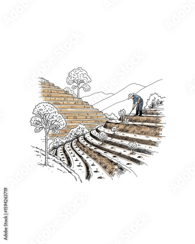 sketched one farmer planting trees on a terraced hillside with visible pencil strokes