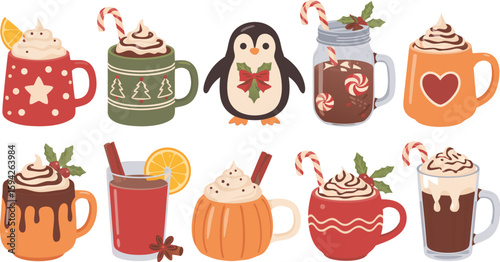 Festive Holiday Drinks Mugs of Hot Chocolate, Mulled Wine, and a Penguin Icon