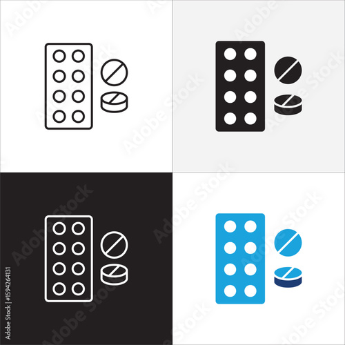 Medicine strip icon. Drug icon. Icon symbol for medication, pills, tablet, vitamin, supplement, antibiotic, prescription, capsule. Vector illustration