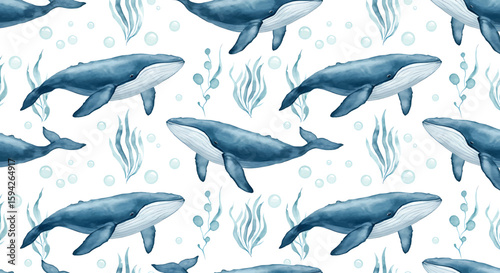 Watercolor illustration featuring a repeating pattern of blue whales swimming amidst seaweed and bubbles on a white background.