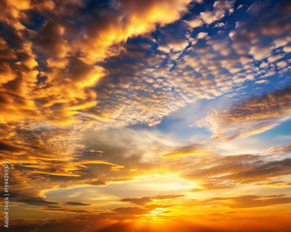 Fototapeta premium A breathtaking sky filled with dramatic clouds in golden, orange, and blue hues, lit by a radiant setting sun