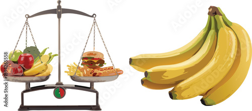 Healthy Food Versus Unhealthy Diet Scale Balancing Fruits, Vegetables, with Burger and Fries