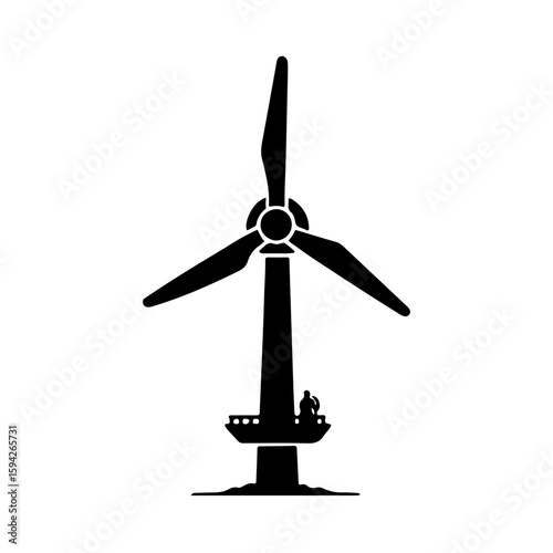 Black and White Offshore Wind Turbine Icons. A collection of impactful black and white icons depicting offshore wind turbines, representing marine renewable energy, sustainable power generation