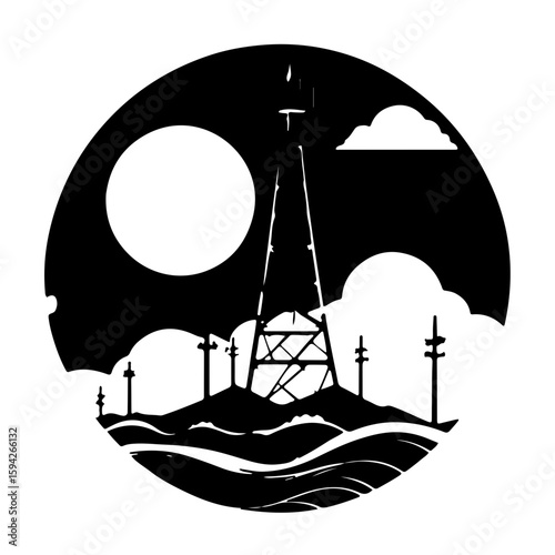 Black and White Telecommunication Tower Icons. Illustrations of telecommunication towers emitting fast signal waves, representing connectivity, communication, and technological advancement