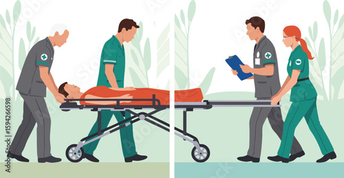 Paramedics Moving Patient on Gurney, Holding Clipboard, Medical Illustration, Healthcare Professionals, Emergency Medical Services