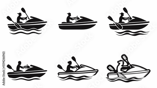 Collection of silhouettes showing people riding jet skis and kayaks on water with paddles and waves design | editable eps vectors