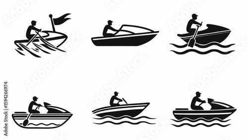 Collection of six boating icons depicting different types of boats and watercrafts with people riding 100 | editable eps vectors silhouette