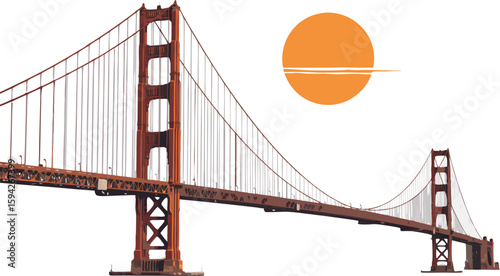 Stylized Golden Gate Bridge Illustration with Orange Sun and Minimalist Design Elements