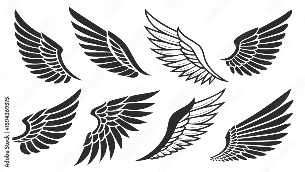 Fototapeta premium Collection of stylized wing designs in black and white