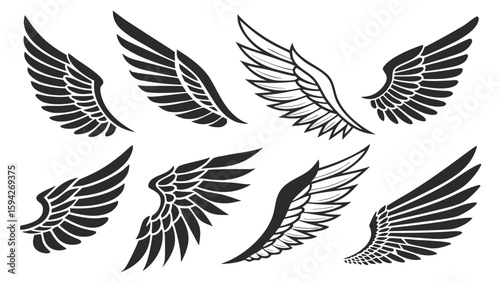 Collection of stylized wing designs in black and white