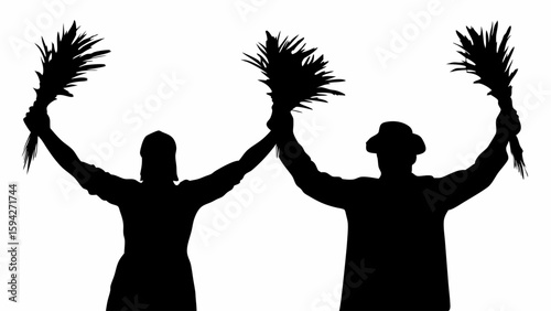 Silhouette of two people holding up bundles of leaves with arms raised in a celebratory manner | editable eps vectors