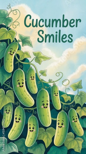 Cute Cucumber Cartoon Characters with Happy Smiles - Adorable Vegetable Illustrations for Children's Garden Education - Kawaii Cucumber Mascot Art with Green Vine Leaves and Cheerful Faces