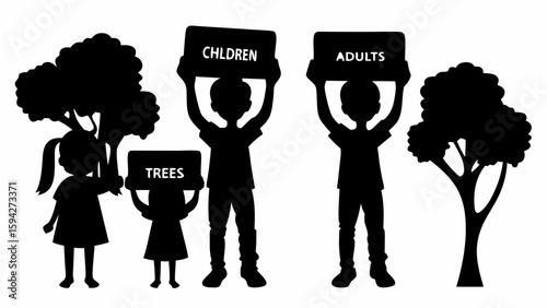 Silhouettes of children and adults holding signs about trees with trees in the background art work | editable eps vectors