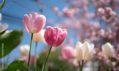 Pink and white tulips in full bloom, with cherry blossoms blooming behind them against the blue sky.