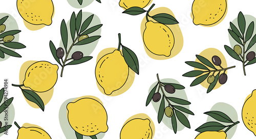 Seamless pattern featuring lemons and olive branches with green leaves and black olives on a white background with abstract shapes.