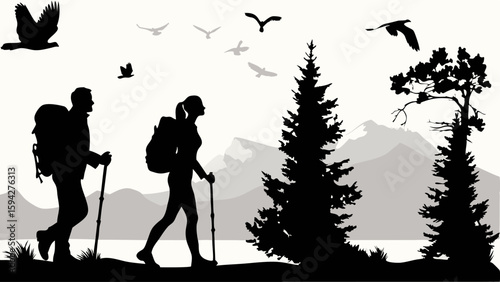 Silhouetted hikers with backpacks and trekking poles in a mountain landscape with flying birds and trees | editable eps vectors