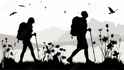 Silhouette of hikers with backpacks and walking sticks amidst mountain scenery and flying birds | editable eps vectors
