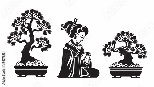 Silhouette of a geisha meditating between two bonsai trees in a minimalist monochrome illustration style | editable eps vectors