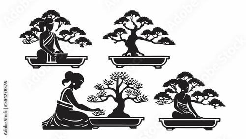 Silhouette of women tending to bonsai trees in pots in a minimalist black and white illustration style | editable eps vectors