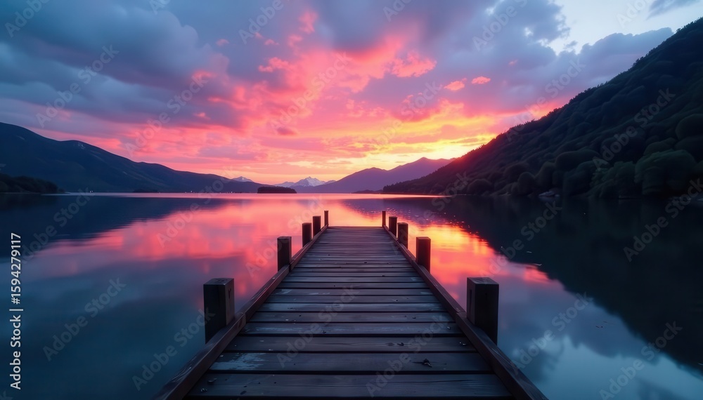 Obraz premium Serene dusk lake, wooden pier, sky reflections, image, background, stunning
