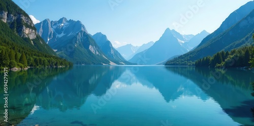 Serene mountain lake, vibrant blue waters mirroring peaks , photography, mountain lake, background