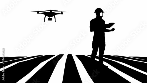 Silhouette of a person with a hard hat holding a tablet and a drone flying over a field landscape editable eps vectors