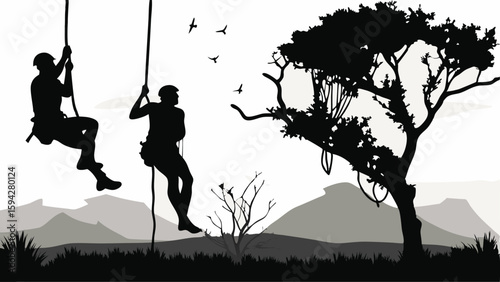 Silhouette of two climbers rappelling down ropes near a large tree with birds in the sky landscape view editable eps vectors