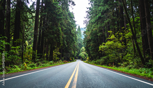 highway surrounded by towering redwood trees in Redwood National and State Parks, California. Peaceful empty road stretches into the lush green forest. Nature travel concept, no vehicles visible