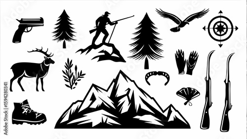 Illustration of hunting and outdoor adventure elements including a hunter, deer, mountains, and trees editable eps vectors silhouette