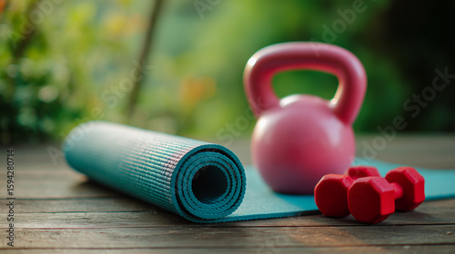 Close-up of a pink kettlebell and a red dumbbells with a rolled blue yoga mat on a wooden surface, with a green blurred background.