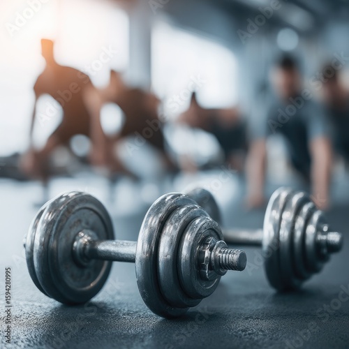 Two metallic dumbbells in focus, foreground; blurred gym-goers stretching in background