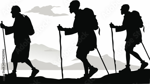 Silhouetted figures hiking with backpacks and walking sticks against a mountain landscape background editable eps vectors