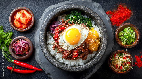 Korean food, bowl with rice, beef, and vegetables, topped with an egg. The dish on a black stone table surface, surrounded by Korean ingredients.