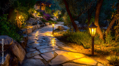 Landscape lighting in the garden, illuminating paths and creating an inviting atmosphere at night, with warm yellow light from lamps placed along the stone path.