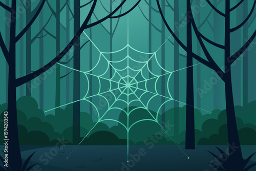 dew drenched spiderweb in forest backdrop