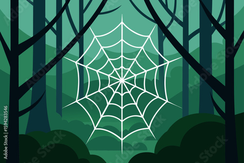 dew drenched spiderweb in forest backdrop illustration