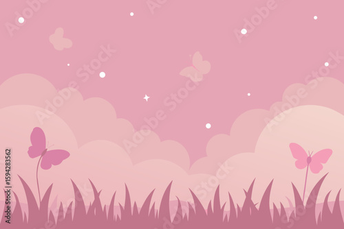 dreamy butterfly meadow with pink sky haze art
