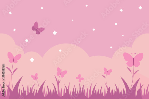 dreamy butterfly meadow with pink sky haze