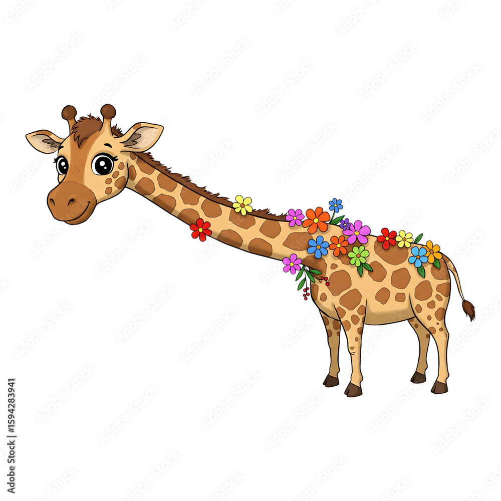 Naklejka premium Cute giraffe decorated with colorful flowers standing on white background showing adorable wild animal cartoon