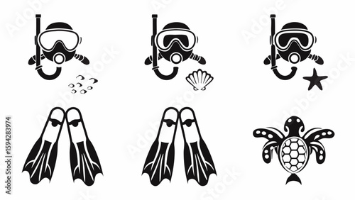 Illustrations of scuba diving gear, including masks, snorkels, fins, seashells, starfish, and a turtle editable eps vectors silhouette