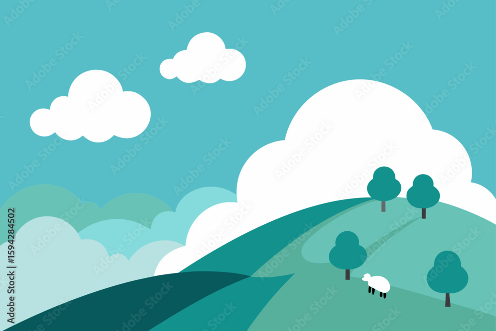 Fototapeta premium highland slope with sheep and soft morning clouds