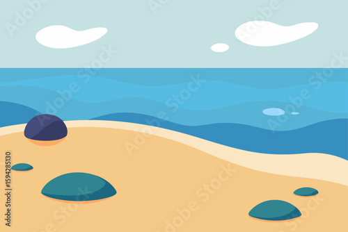 peaceful shoreline with stones shells and gentle waves