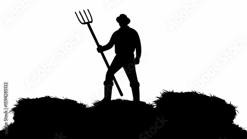 Silhouette of a farmer standing on hay with a pitchfork on a white background in a rural setting editable eps vectors